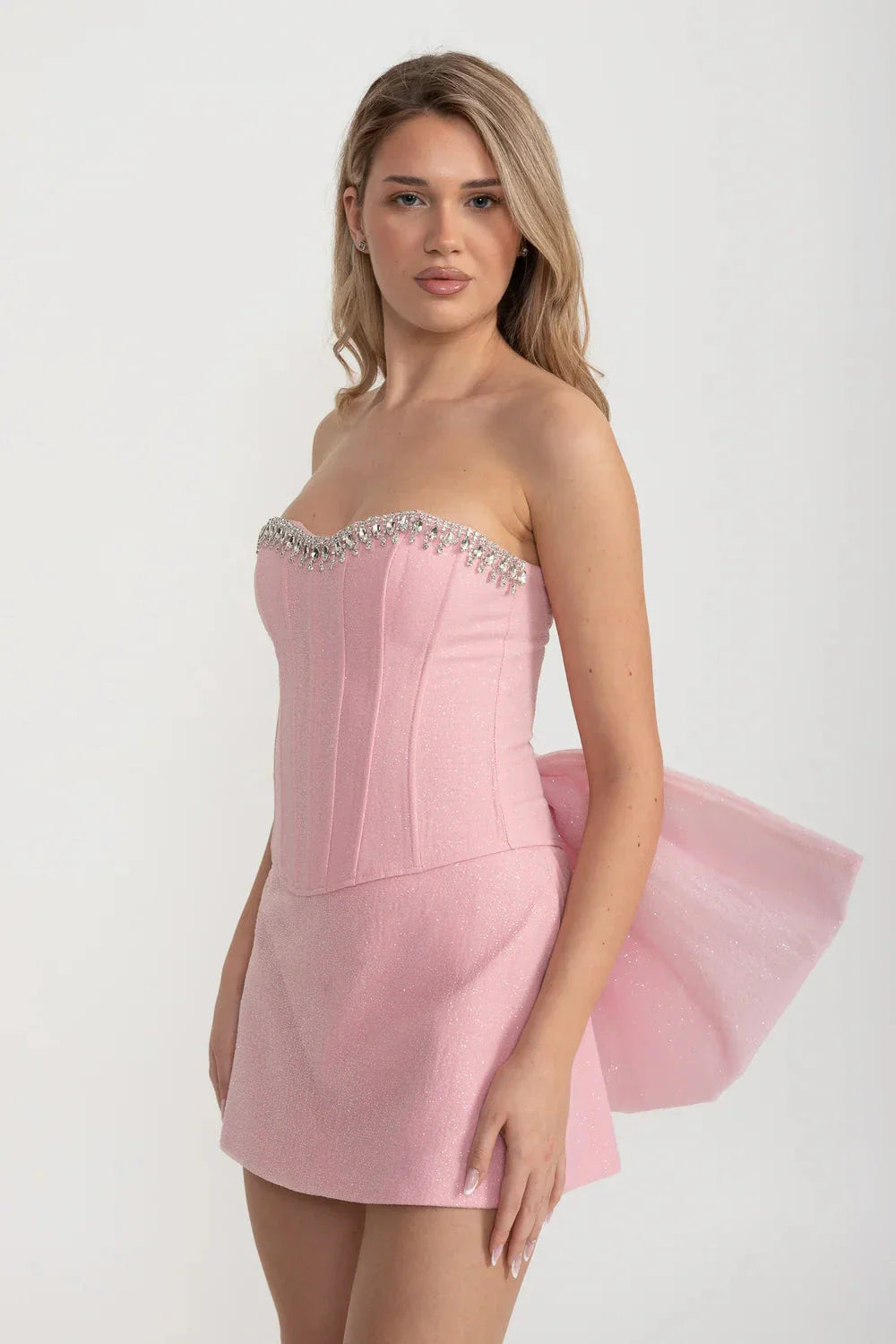 Mini Corset Set With Oversized Back Bow - Pink