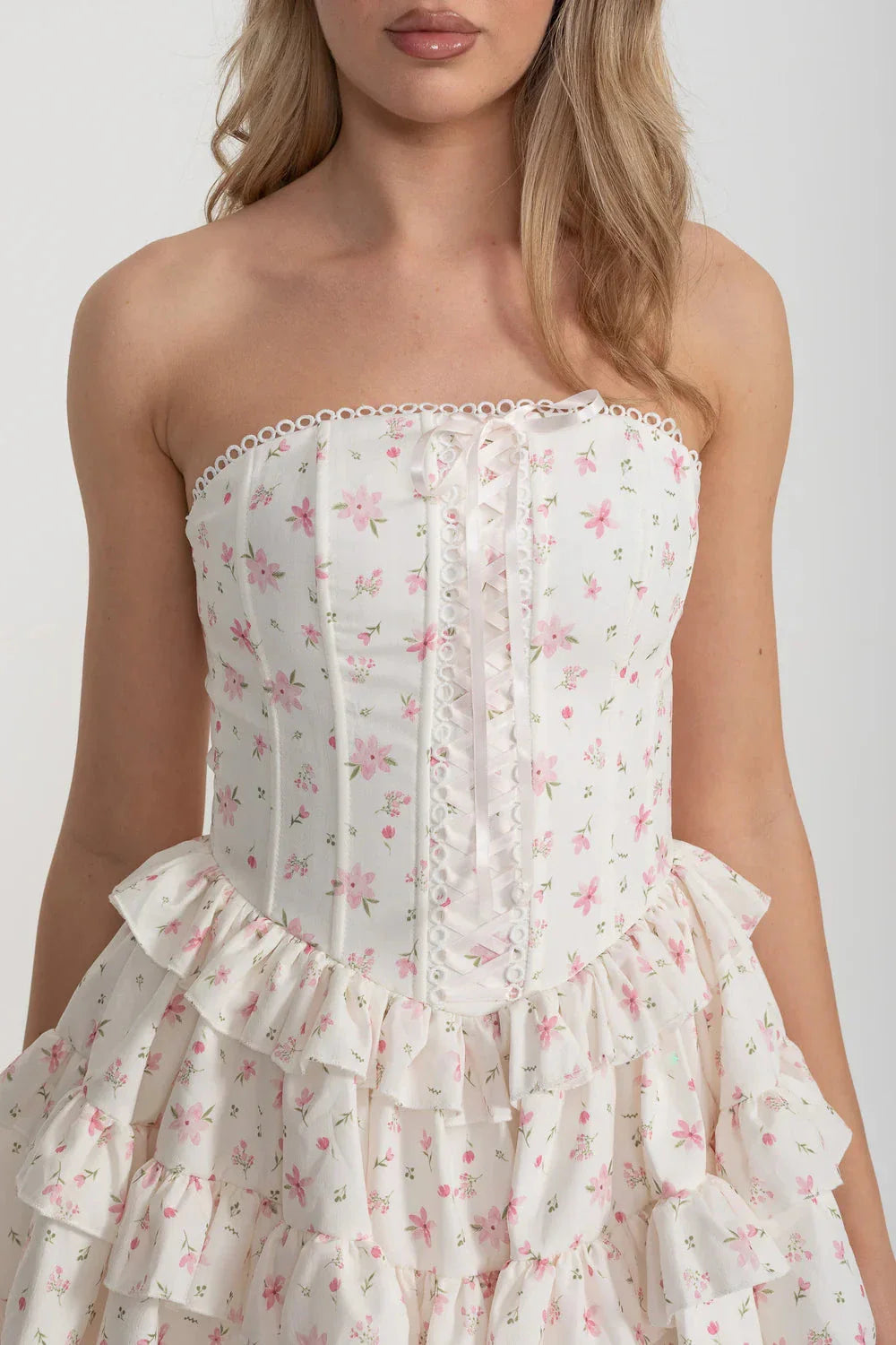 Corset Mini Dress With Ribbon Lacing Detail And Multi-Layered Ruffled Skirt - White/Pink