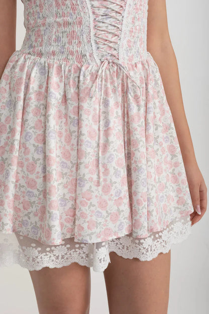 Sleeveless Summer Dress With Pink Floral Pattern And Lace-Up Front Detailing - White