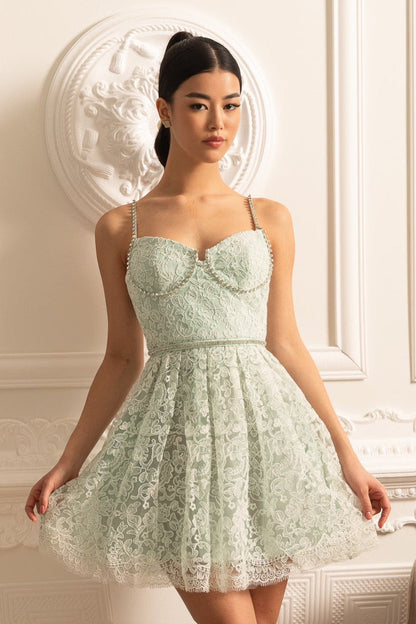 Mini Dress With Lace Floral Pattern And Sparkling Details - Mint Green