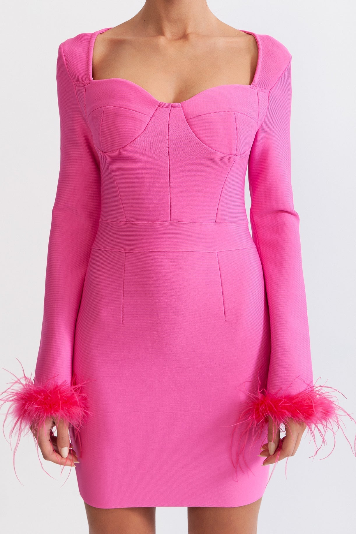 Long Sleeve Feathers Mini Dress - Fuchsia