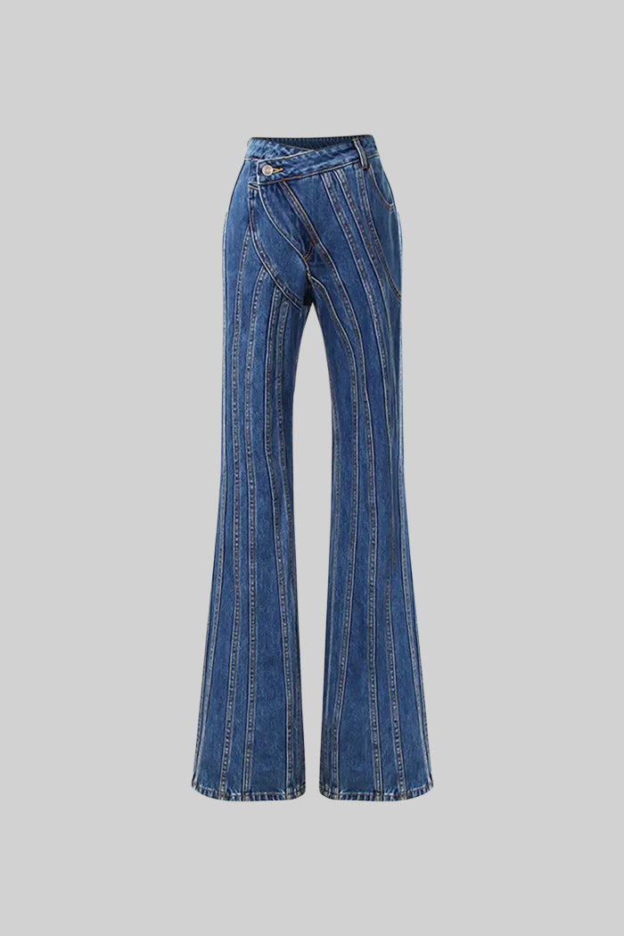 Wide Leg Jeans with Stitched Design - Blue
