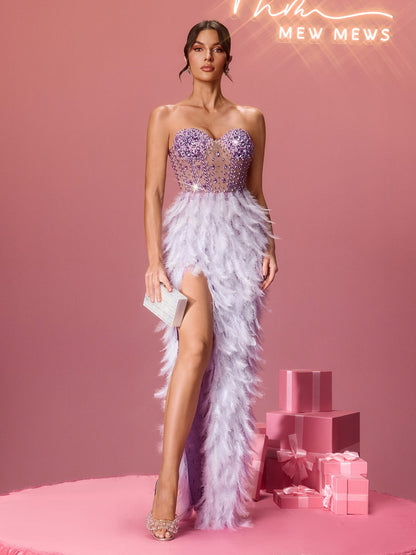 Isocipher Strapless Crystal Feather Split Maxi Dress In Purple