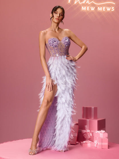 Isocipher Strapless Crystal Feather Split Maxi Dress In Purple