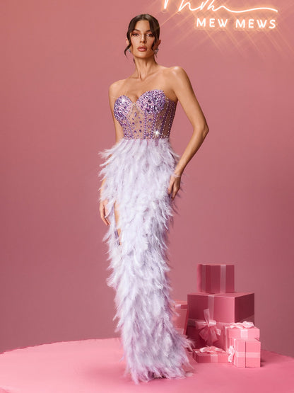 Isocipher Strapless Crystal Feather Split Maxi Dress In Purple