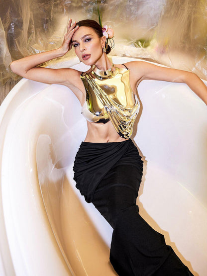 Kari Sleeveless Drapery Armor Top In Silver