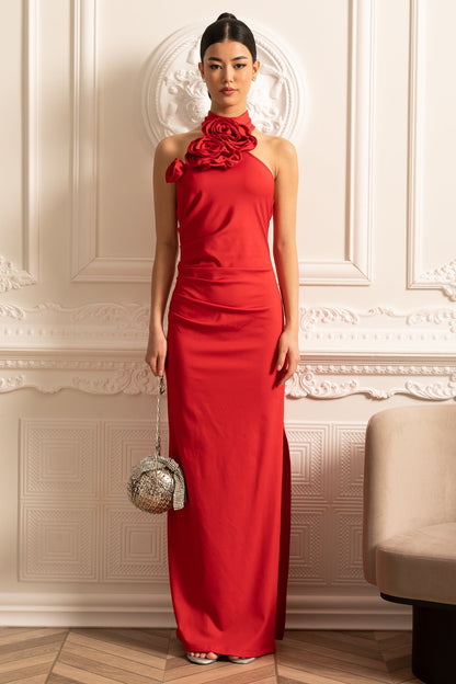 Fitted Dress With 3D Neckline Roses And Side Slit - Red