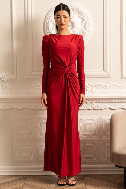 Satin Dress With Long Sleeves, Side Draping And Twisted Waist Detail - Red