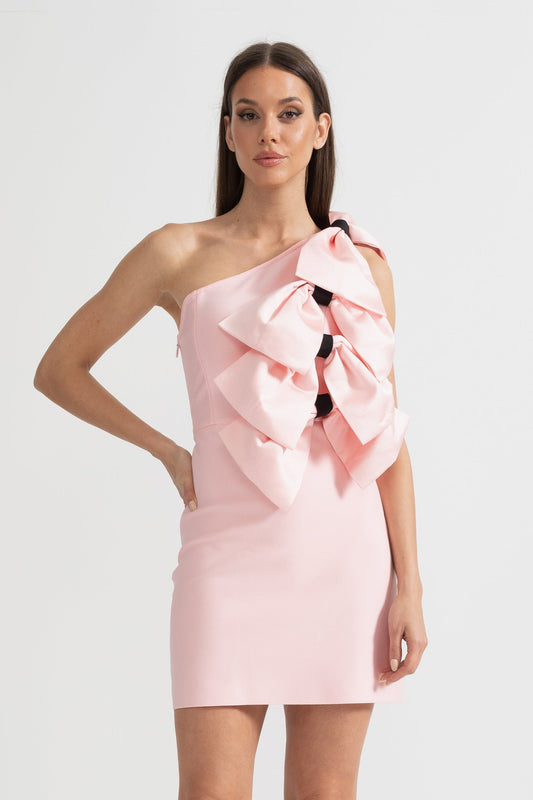 One-Shoulder Mini Dress with Oversized Bow Detailing - Pink