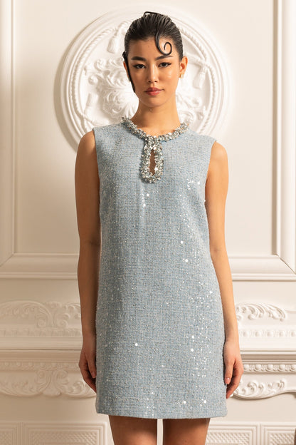 Textured Sleeveless Mini Dress With Sparkling Collar Details  - Blue