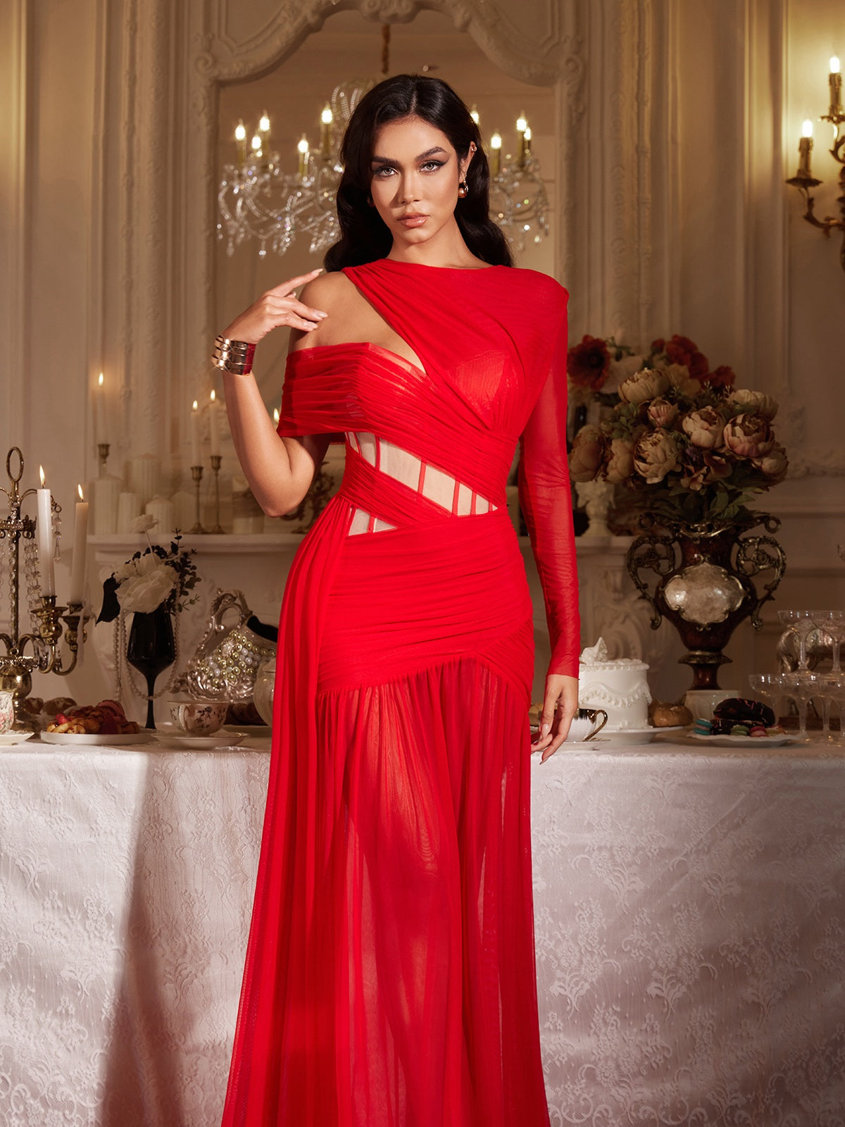 Malati Corset Cutout Mesh Maxi Dress In Red