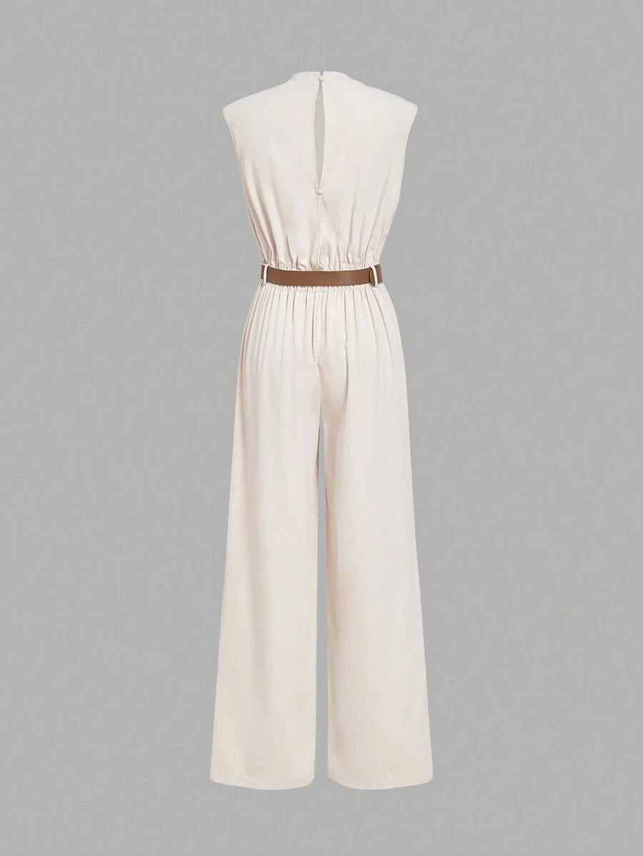 Solid pocket jumpsuit with belt
