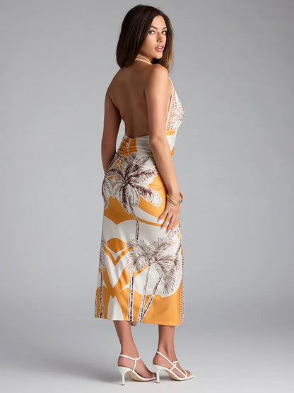 Orange Halter Neck Dress with Slit