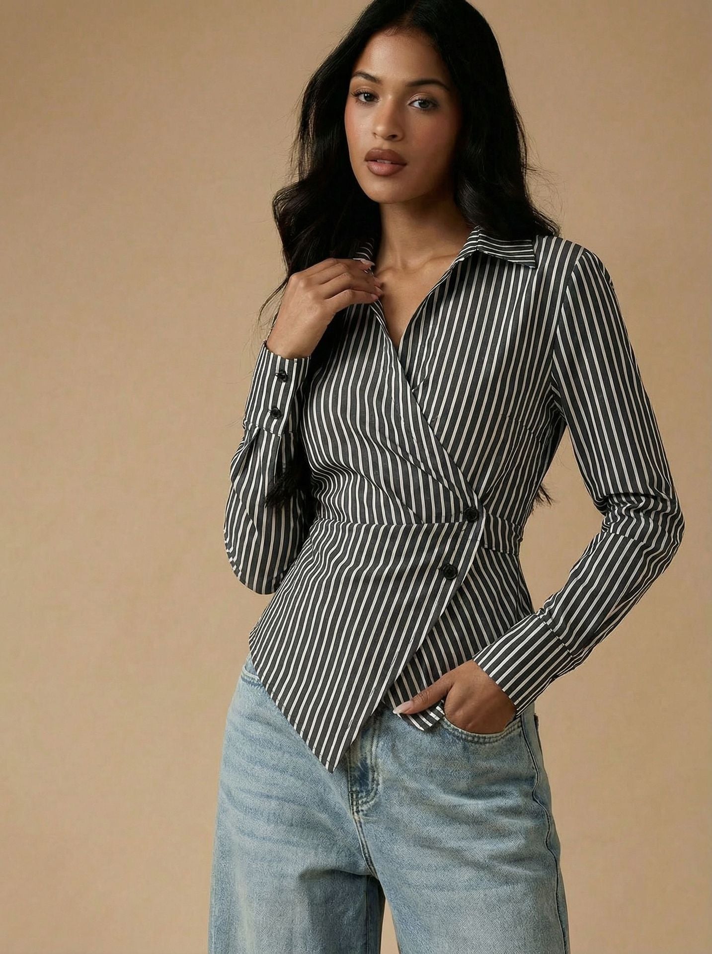 Tailored Striped Wrap Shirt