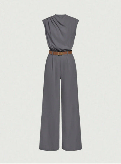 Solid pocket jumpsuit with belt