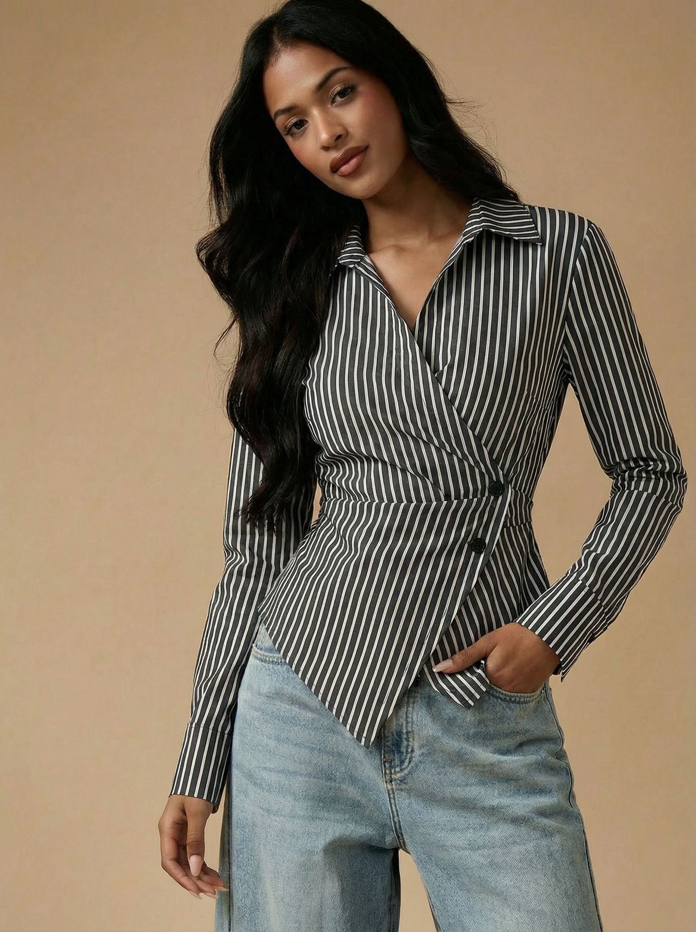 Tailored Striped Wrap Shirt