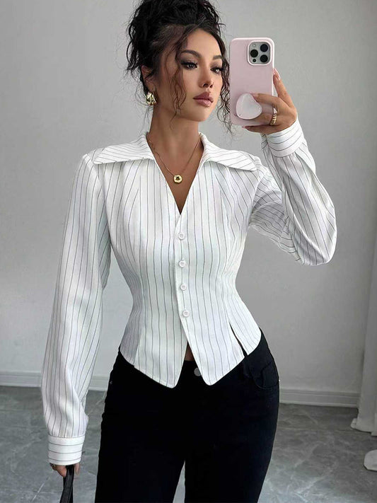 Pinstripe V-Neck Knit Top with Button Front