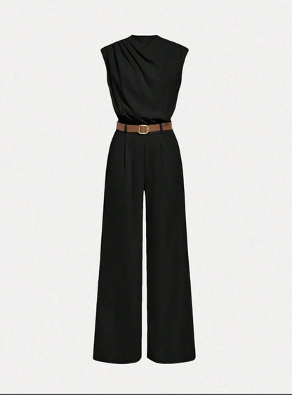 Solid pocket jumpsuit with belt