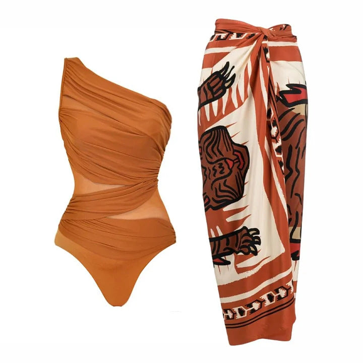 Dune Dance One-Shoulder Swimsuit Set - Orange