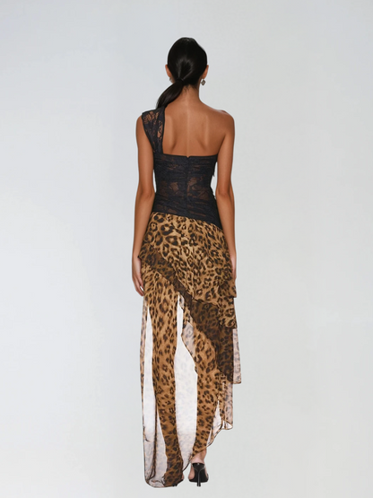 Raelira One Shoulder Lace Leopard Maxi Dress