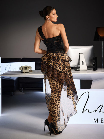 Raelira One Shoulder Lace Leopard Maxi Dress