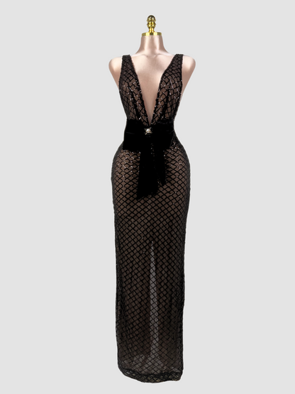 Raziya V Neck Bow Sequin Maxi Dress In Black