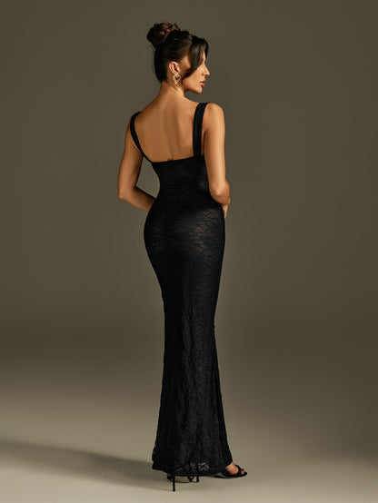 Ronna Spaghetti Lace Maxi Dress In Black