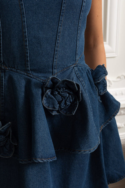 Peplum Denim Mini Dress with 3D Floral Accents - Blue