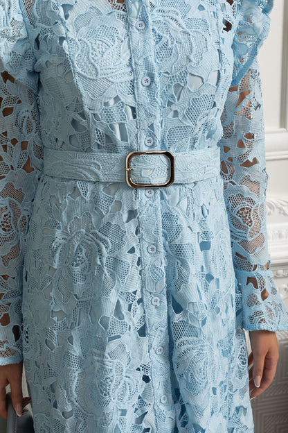 Lace Midi Dress with Ruffled Shoulders and Floral Detailing - Blue