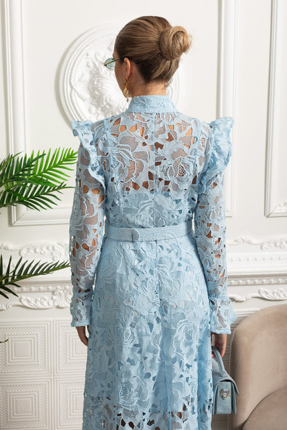 Lace Midi Dress with Ruffled Shoulders and Floral Detailing - Blue