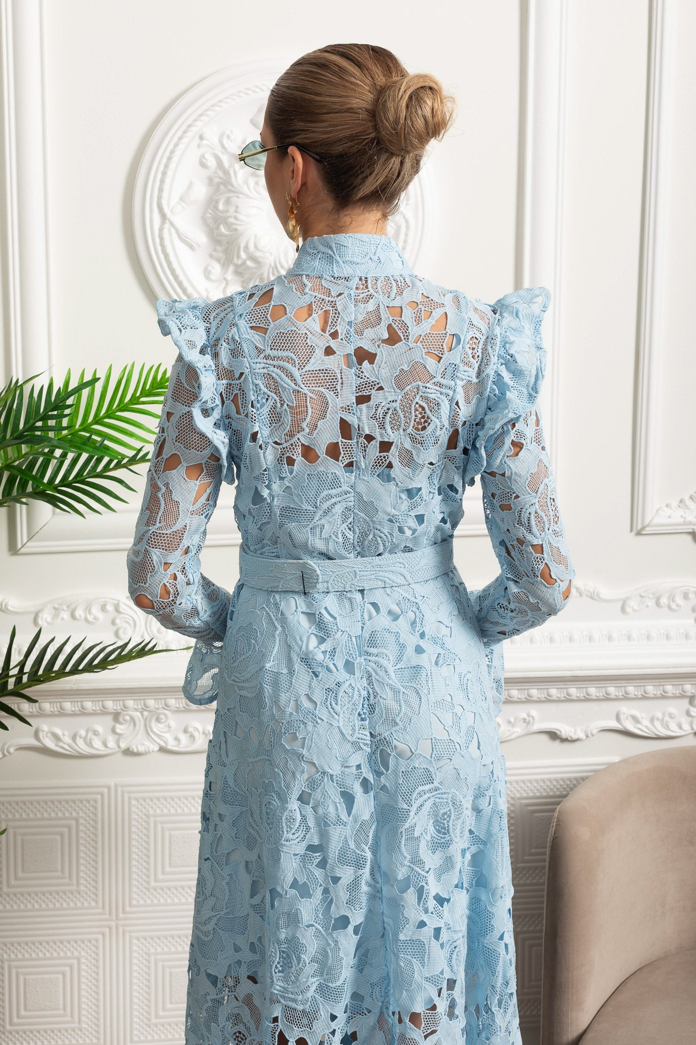 Lace Midi Dress with Ruffled Shoulders and Floral Detailing - Blue