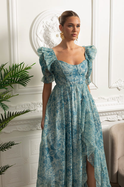 Printed Maxi Dress With Puff Sleeves And Front Slit - Blue