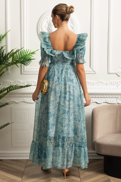 Printed Maxi Dress With Puff Sleeves And Front Slit - Blue