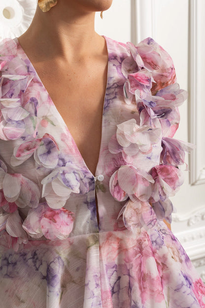 3D Floral Appliqué Puff Sleeve Mini Dress - Pink