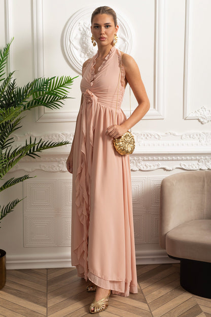 Ruffled Halter Maxi Dress with Rosette Tie Detail - Pink