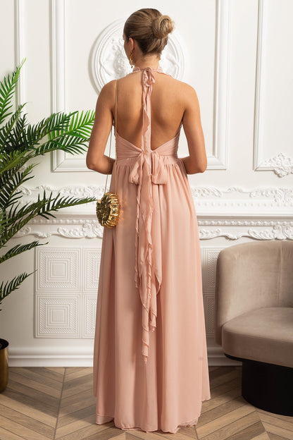 Ruffled Halter Maxi Dress with Rosette Tie Detail - Pink