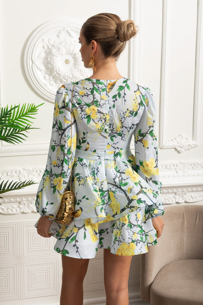 Floral Romantic Mini Dress With Voluminous Sleeves And Peplum Detail - Sky Blue
