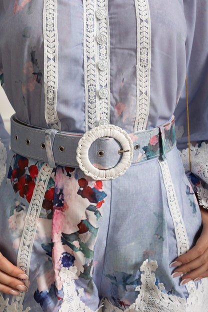 Floral Co-Ord with Lace Insets and Statement Belt - Powder Blue