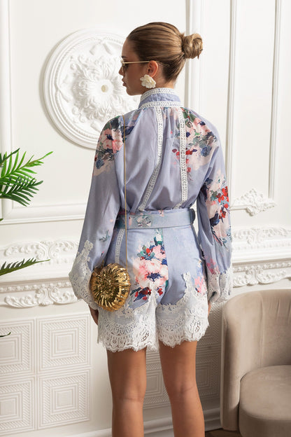 Floral Co-Ord with Lace Insets and Statement Belt - Powder Blue