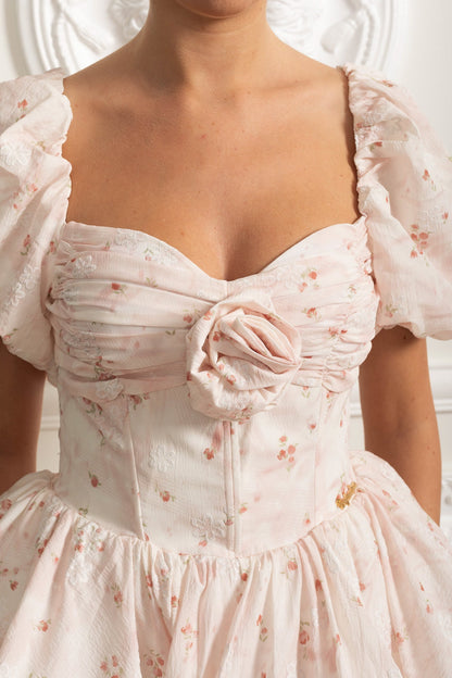 Floral Mini Dress With Puff Sleeves And 3D Rose Detail - Pastel Pink