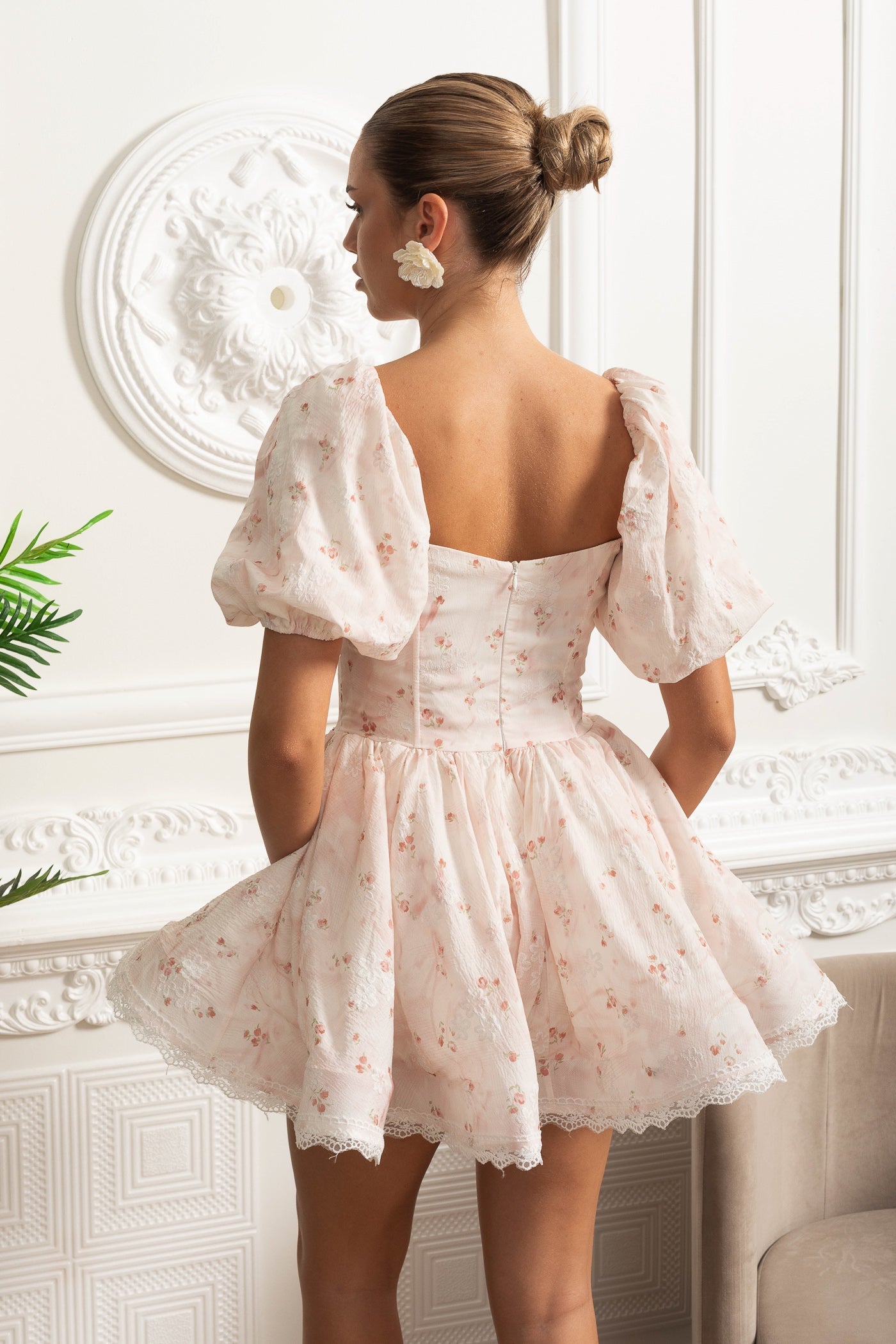 Floral Mini Dress With Puff Sleeves And 3D Rose Detail - Pastel Pink