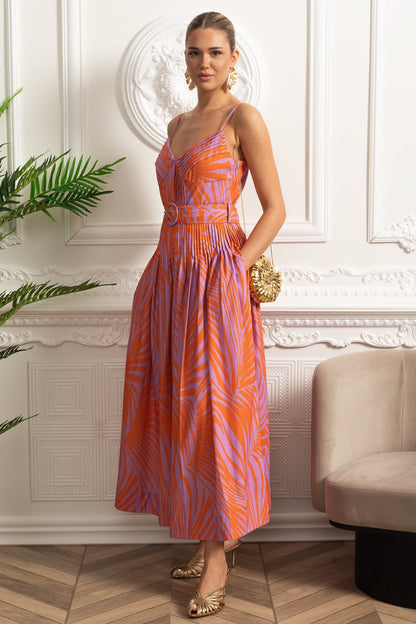 Pleated Bust Belted Midi Dress with Spaghetti Straps - Red