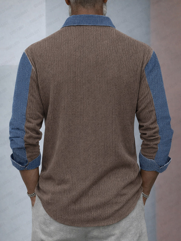 Casual Denim Patchwork Contrast Knit Shirt