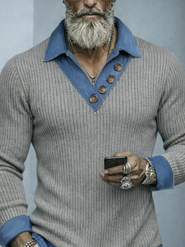 Stylish Denim Patchwork Fake Two-Piece Knit Shirt