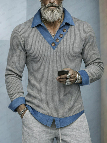 Stylish Denim Patchwork Fake Two-Piece Knit Shirt