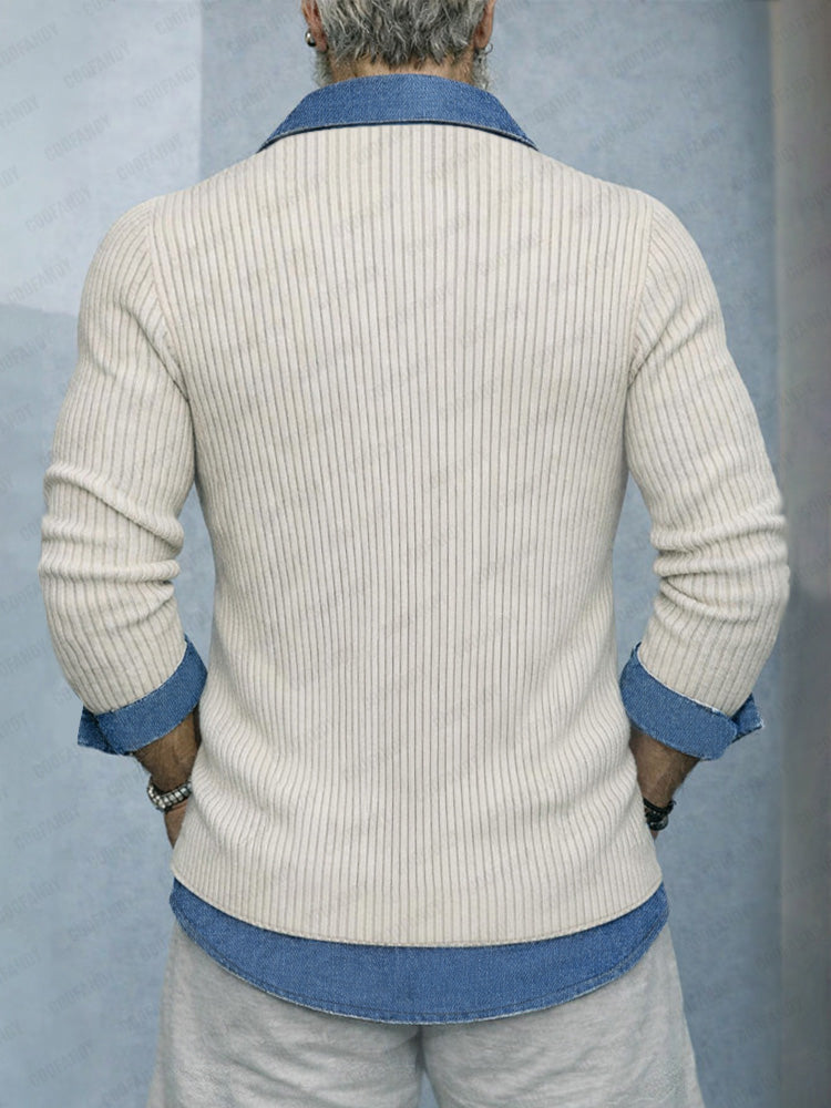 Stylish Denim Patchwork Fake Two-Piece Knit Shirt