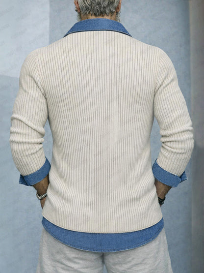 Stylish Denim Patchwork Fake Two-Piece Knit Shirt