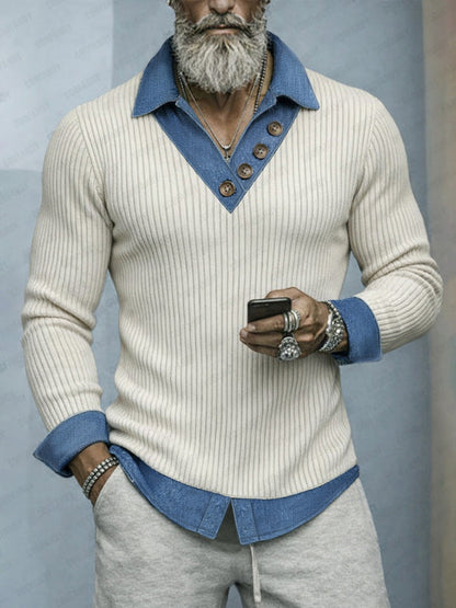 Stylish Denim Patchwork Fake Two-Piece Knit Shirt