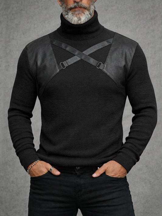 Stylish Leather Patchwork Turtleneck Top