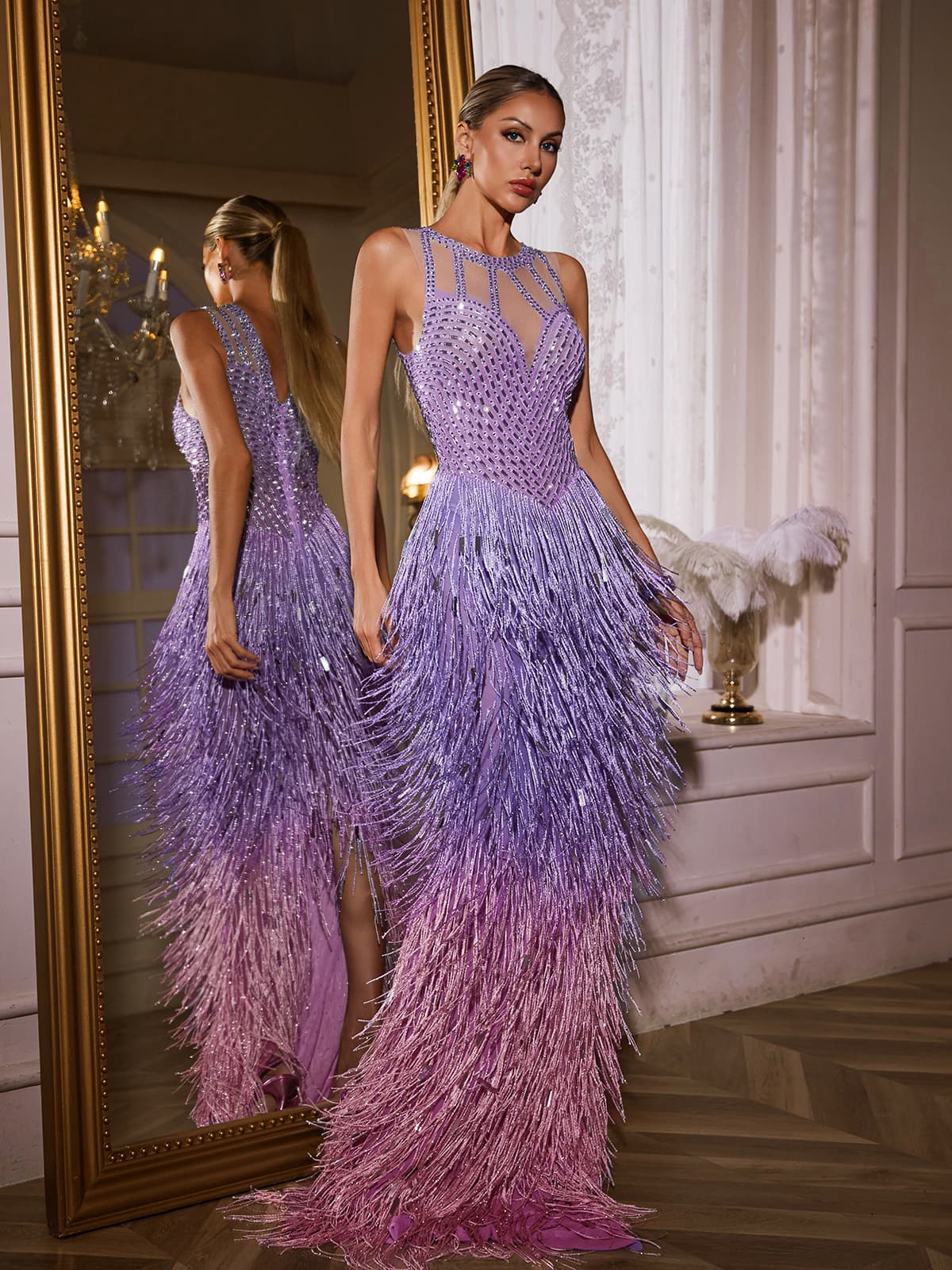 Saelyvira Fringe Rhinestone Maxi Dress In Purple